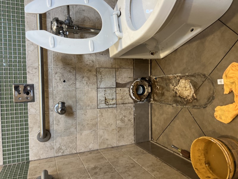 Toilet removed to expose flange and old wax for cleaning