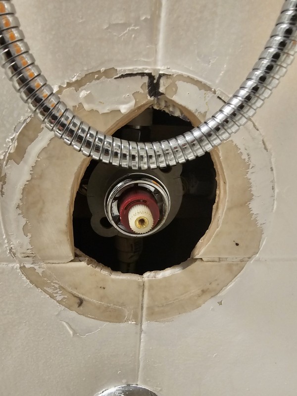 Shower trim removed to expose the valve stem and cartridge area for troubleshooting, Spring Hill, FL, December 2025