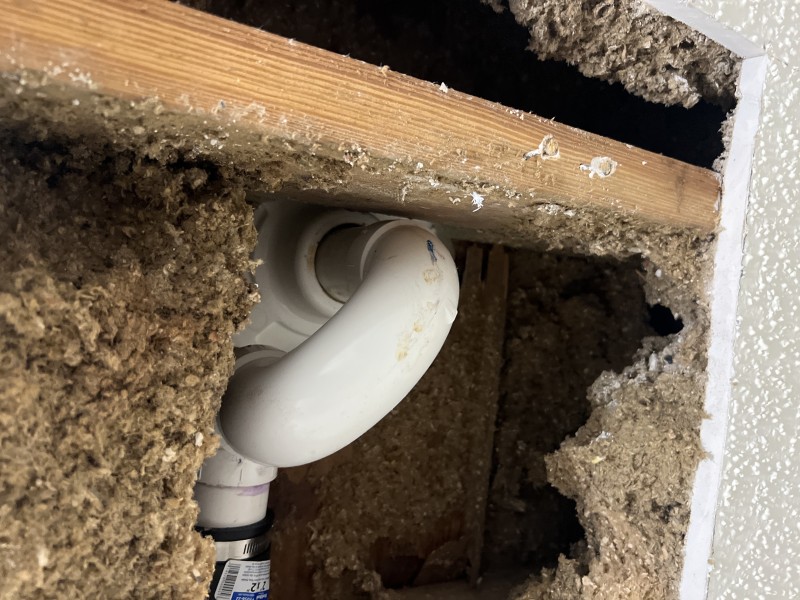 Ceiling access showing PVC drain piping beneath the shower during post-repair leak verification, Zephyrhills, FL, December 2025