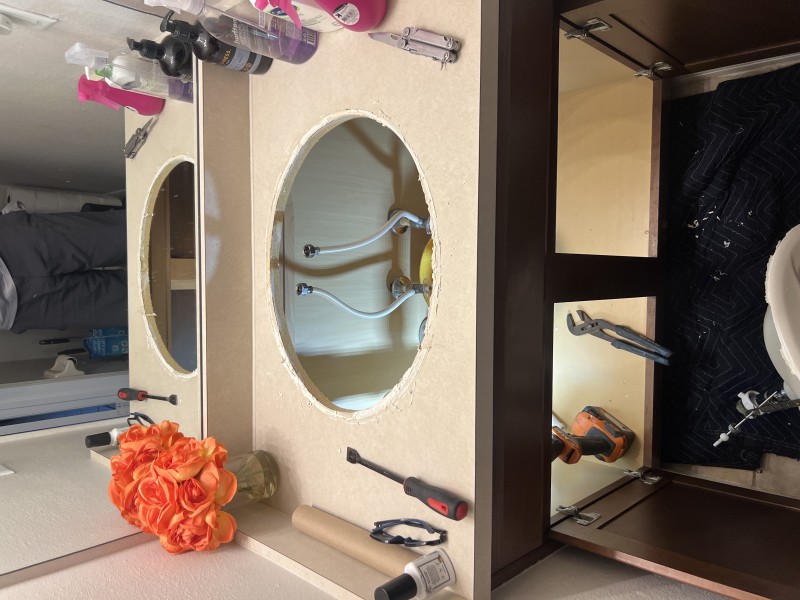 Jobsite photo during removal and preparation for a drop-in sink replacement, including countertop cutout and sealing surface prep, Pinellas Park, FL, January 26, 2026