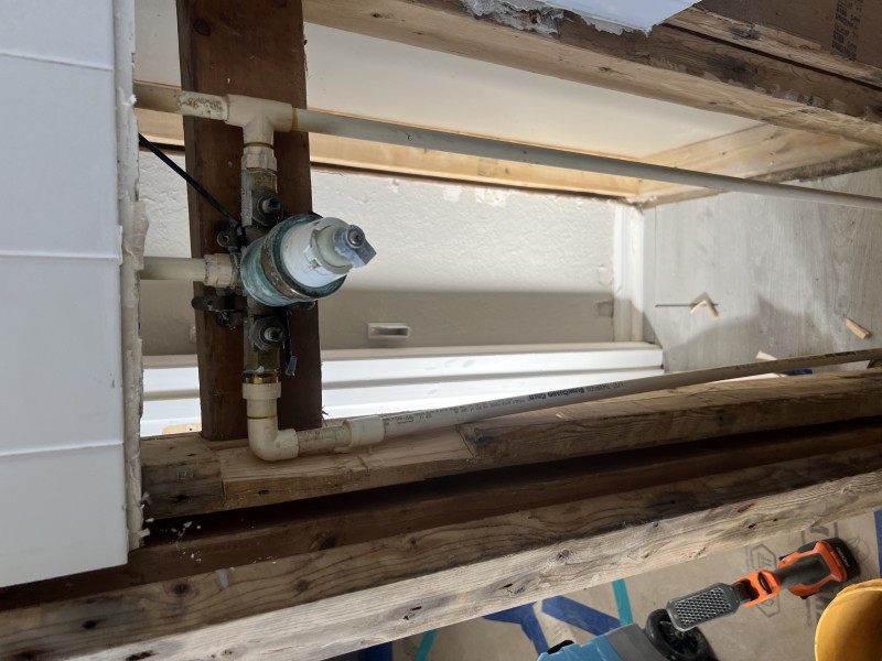 Wider view of the opened shower plumbing area used to verify the repair and perform pressure and leak testing, Seffner, FL, February 9, 2026