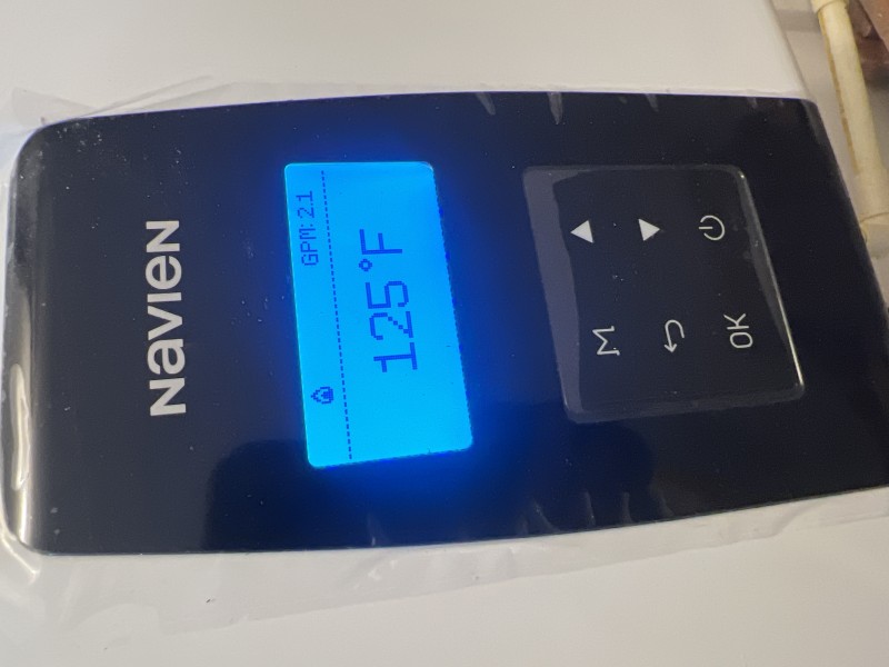Navien tankless control panel showing a 125°F setpoint after start-up testing, Tampa, FL, February 2026
