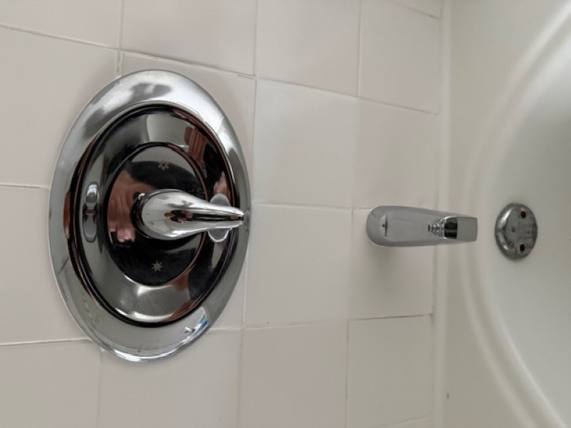 Close-up of the Moen shower handle and trim with Smitty repair plate installed, Tampa, FL, March 2 2026