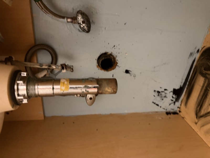 Supply line pipes through wall with black organic buildup and debris around pipe penetrations in bathroom, Tampa FL, April 2026