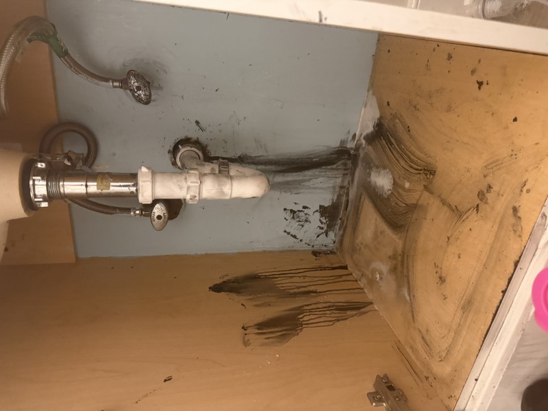 Completed bathroom sink drain rebuild before final cleanup showing new drain assembly installed with staining still visible on cabinet walls, Tampa FL, April 2026